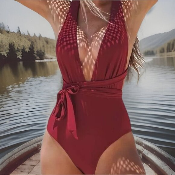 Cupshe Other - Cupshe Women One Piece Swimsuit Medium Red V-Neck Crisscross Back High Waist